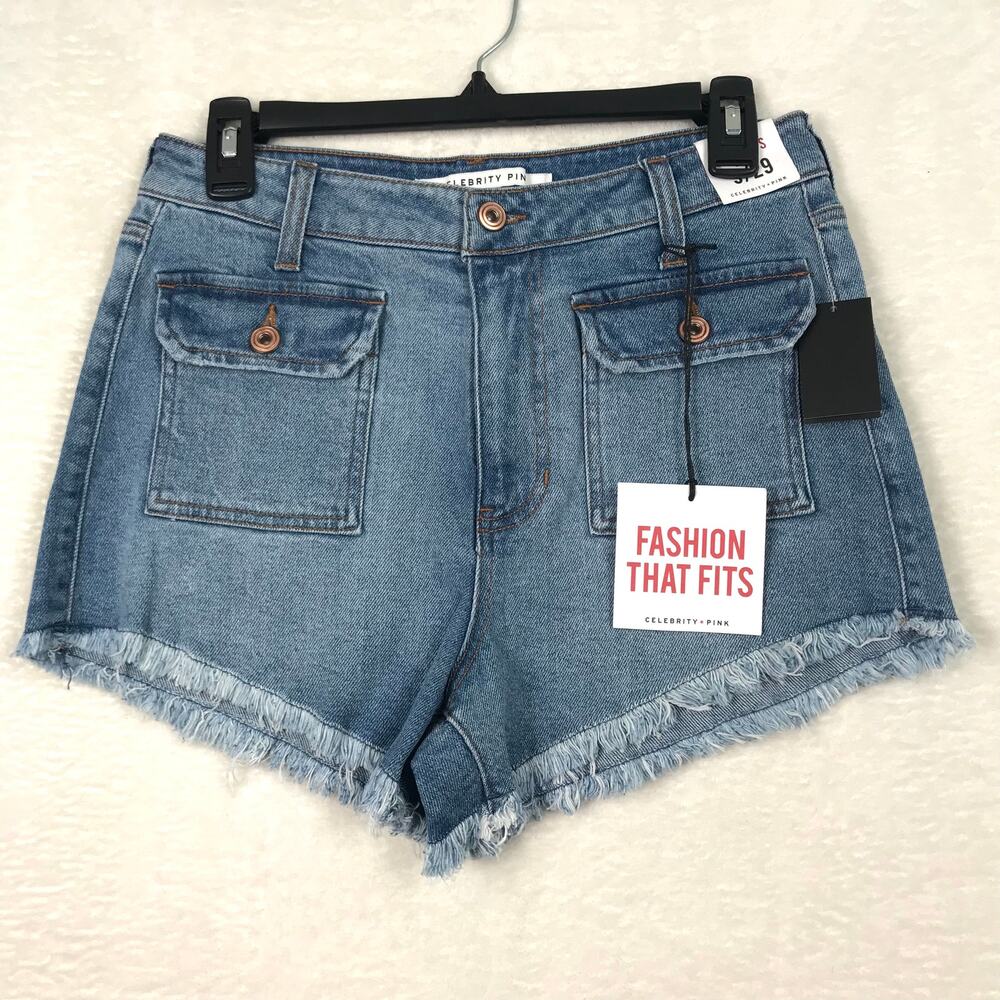 Celebrity Pink Cut Off Patch Pocket Jean Shorts 9 High Rise Stretch Retro 70s